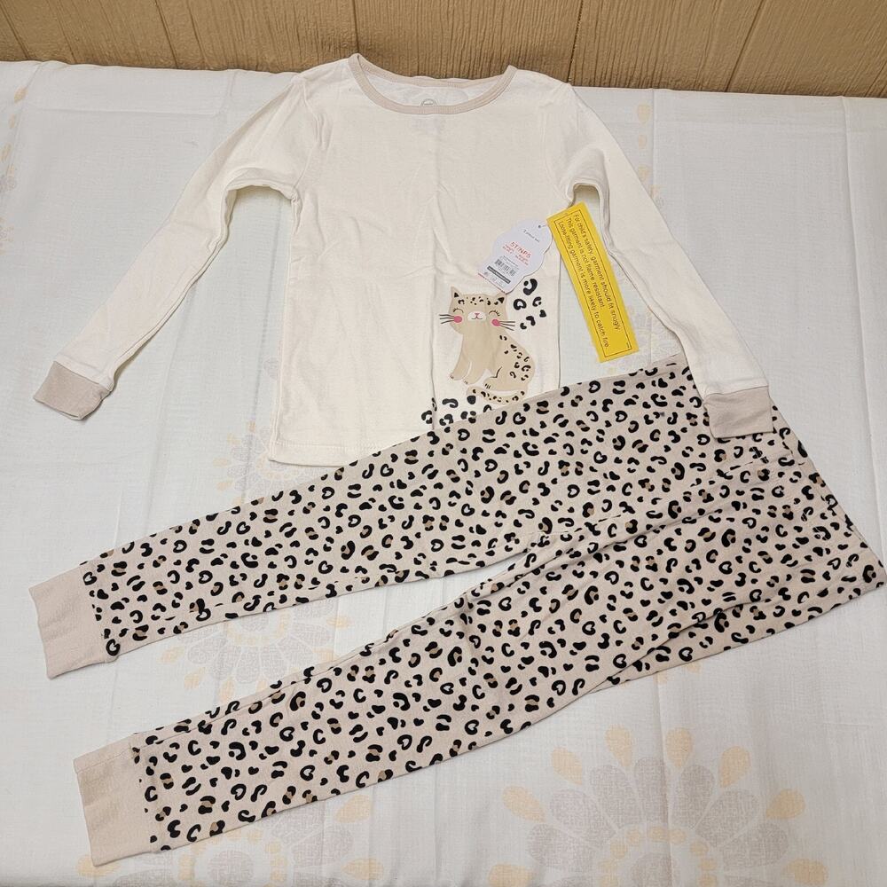 Wonder Nation 2 pc Pajama Set Cream with Cheetah Print Cat sz 5T NWT